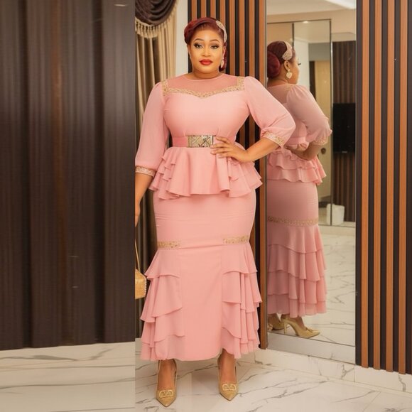 Blush Pink Tiered Peplum Gown - Picture 1 of 2